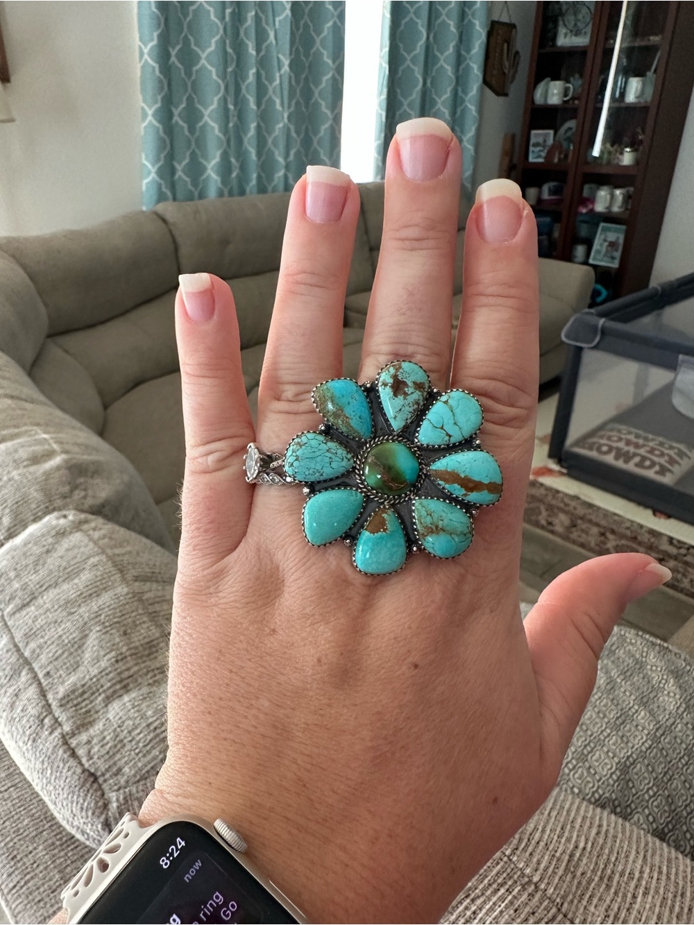 Stunning #8 & Sonoran Turquoise Flower Cluster Ring - Adjustable Band 🩵